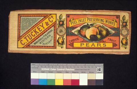 "A fruit tin label for "C. Tuckey & Co. Pears."