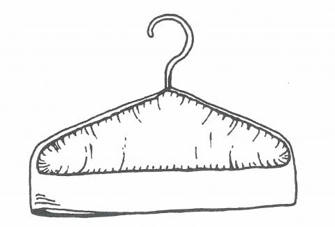 A drawn diagram of a padded coat hanger covered in fabric.