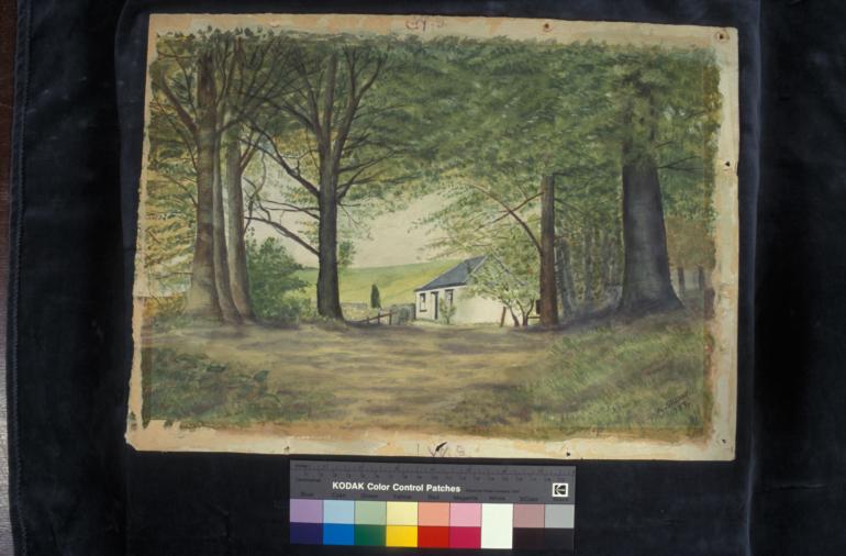 A watercolour painting of trees and a house that shows fading due to light exposure.