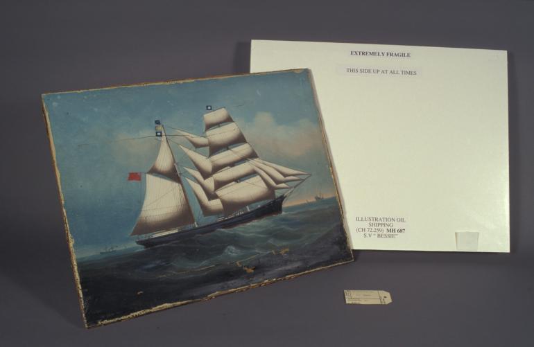 An oil painting of a ship sailing in water. It shows damage caused by poor handling and incorrect storage.